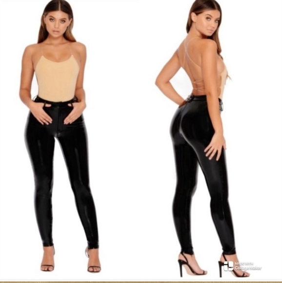 NWT Oh Polly Love Shine Vinyl Skinny Leg Trousers in Black Size 4 - Picture 1 of 14